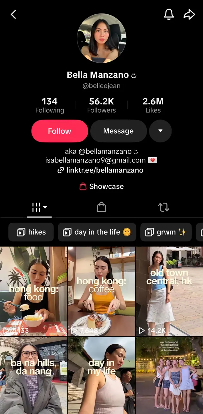 Bella Manzano TikTok profile showing 56.2K followers and 2.6M likes