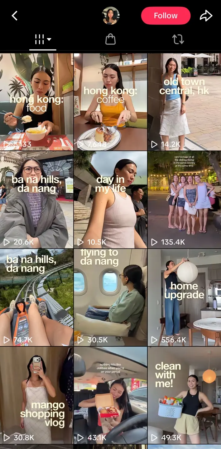 Bella Manzano TikTok grid with published travel, lifestyle, home, and routine edits