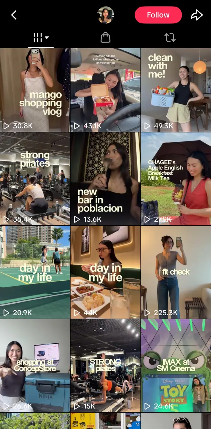 Bella Manzano TikTok grid with fitness, food, fashion, and creator videos