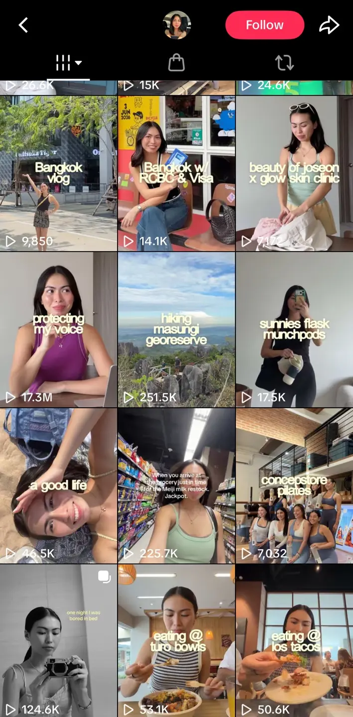 Bella Manzano TikTok grid with a post showing 17.3 million views