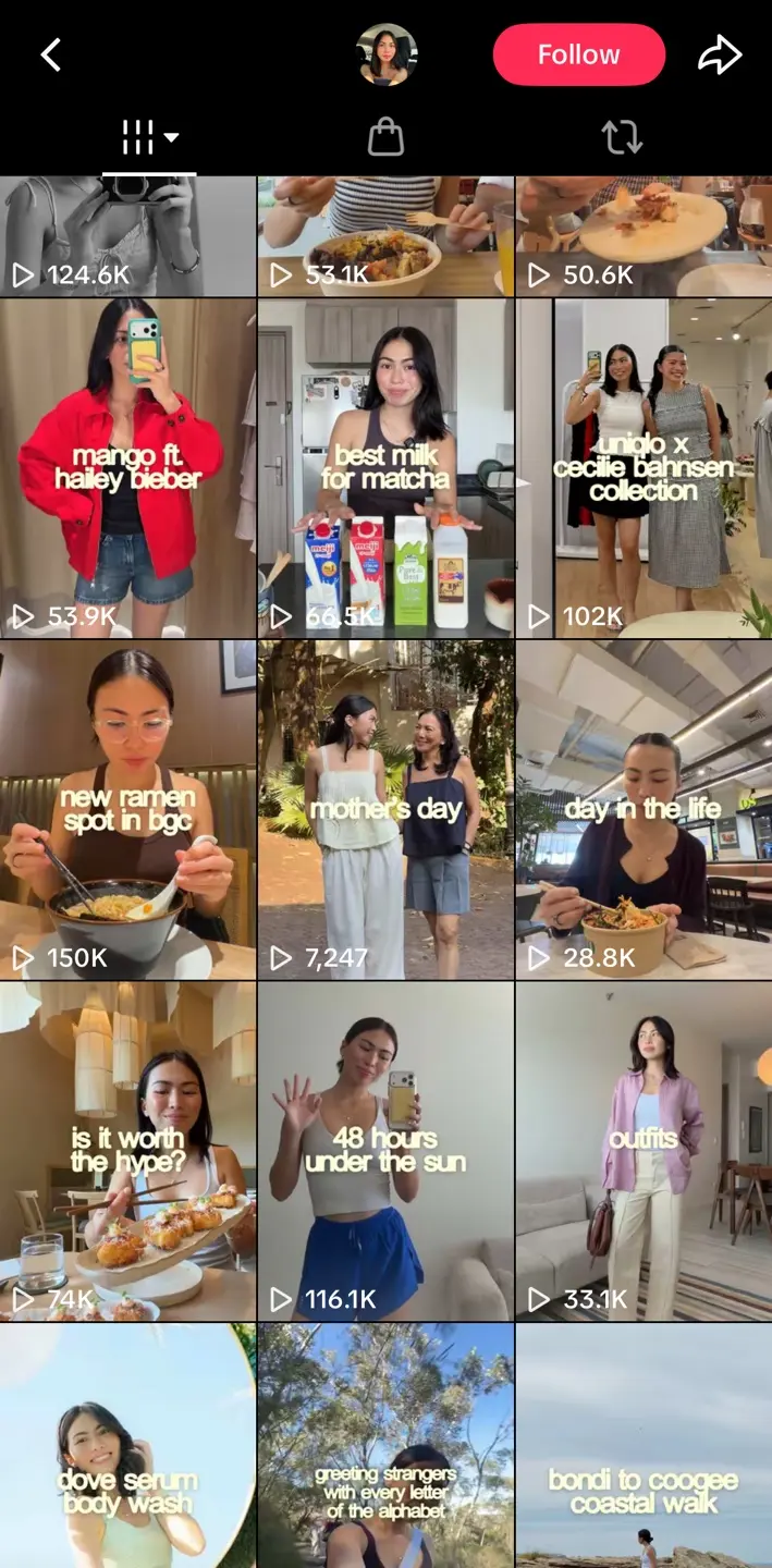 Bella Manzano TikTok grid showing branded, food, fashion, and lifestyle work