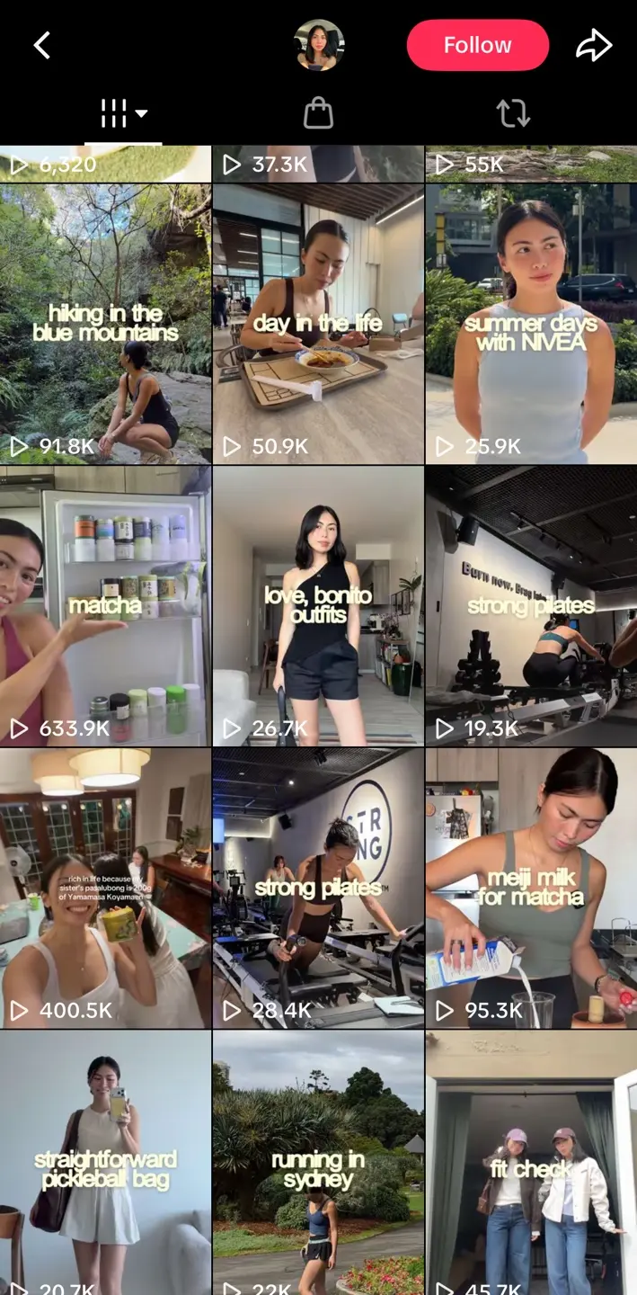 Bella Manzano TikTok grid with visible views including 633.9K and 400.5K