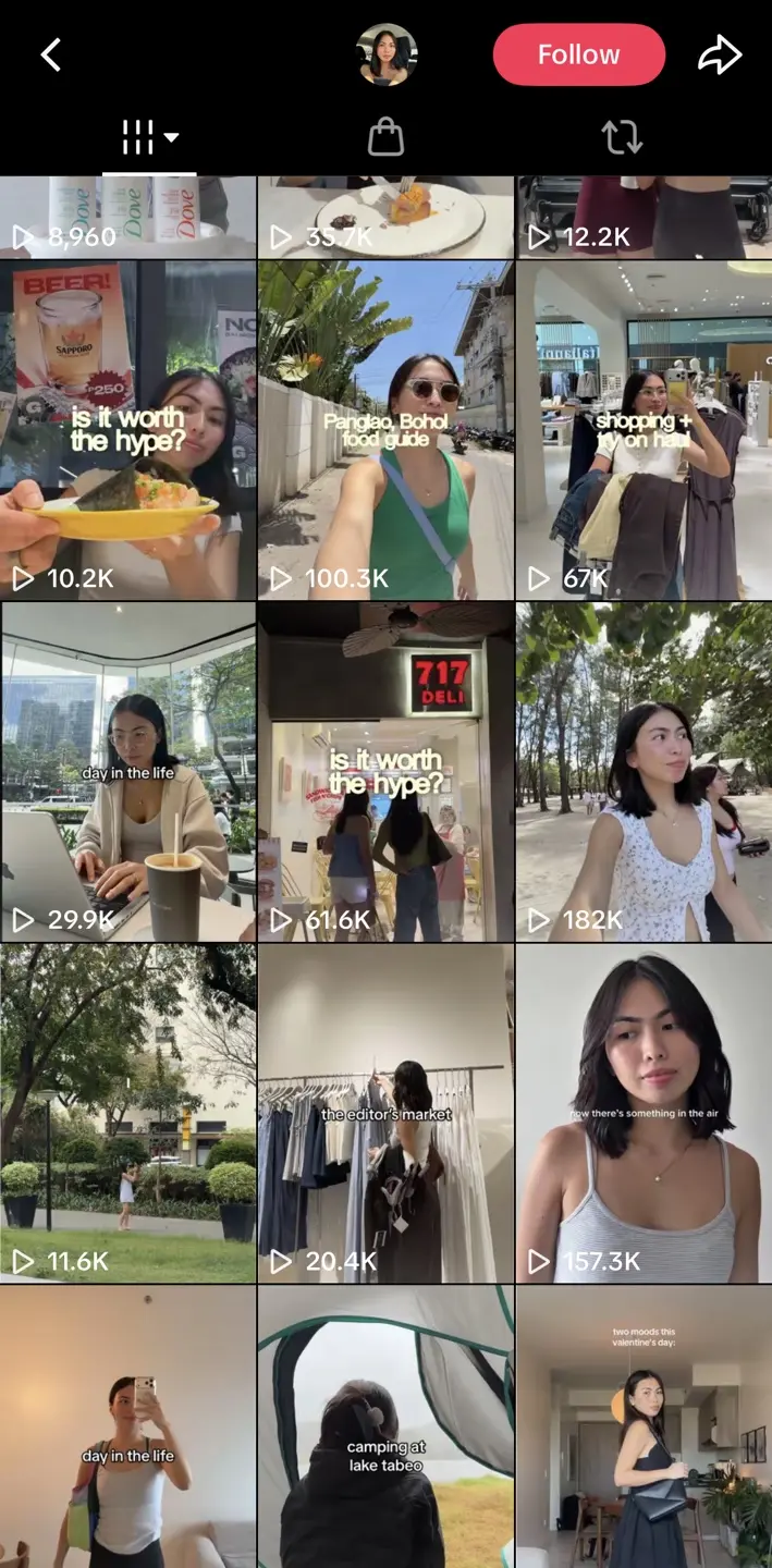 Bella Manzano TikTok grid with food guides, shopping, lifestyle, and day-in-the-life edits