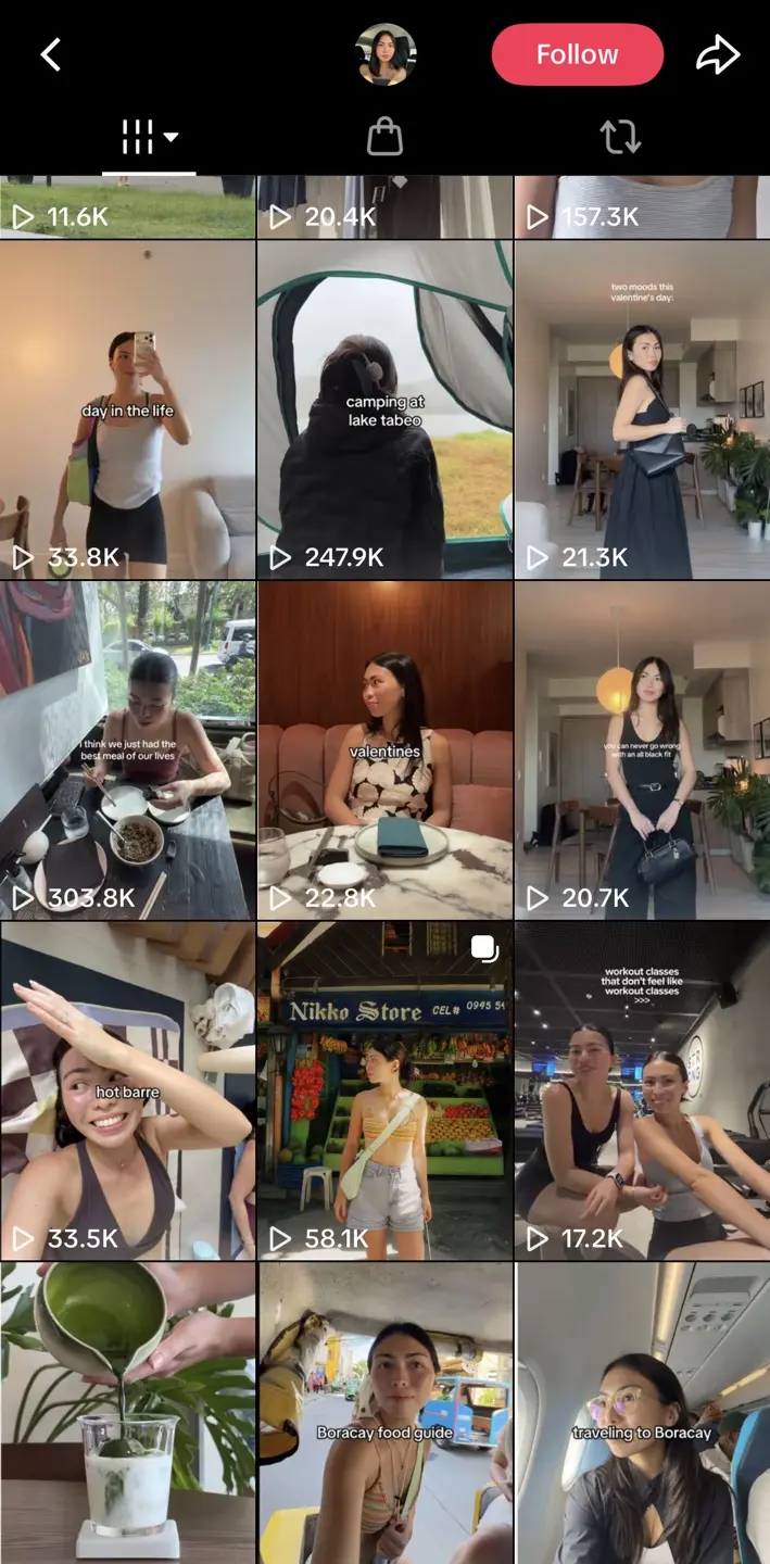 Bella Manzano TikTok grid with lifestyle, food, travel, and fitness edits