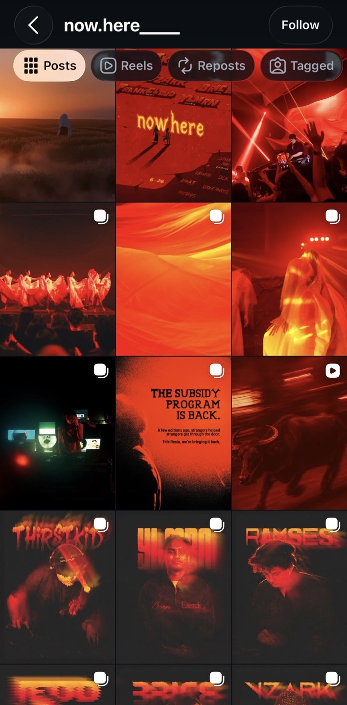 NOW.HERE Instagram feed showing campaign graphics, event content, subsidy program, and artist feature posts