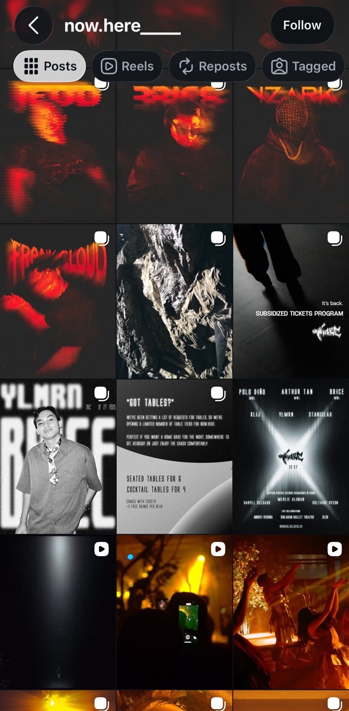 NOW.HERE Instagram feed showing additional artist feature posts, event assets, and published campaign content