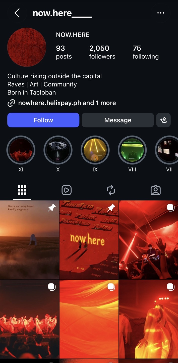 NOW.HERE Instagram profile showing the account, bio, highlights, and published grid