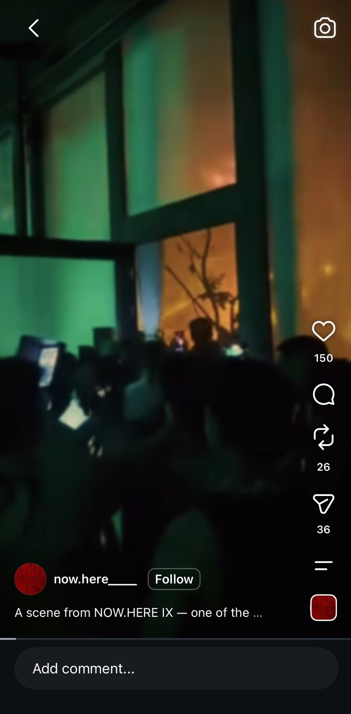 Published NOW.HERE IX teaser with 150 likes, 26 reposts, and 36 shares visible