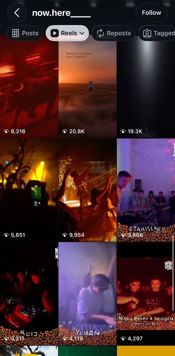 NOW.HERE Reels grid showing visible view counts including 20.8K and 19.3K