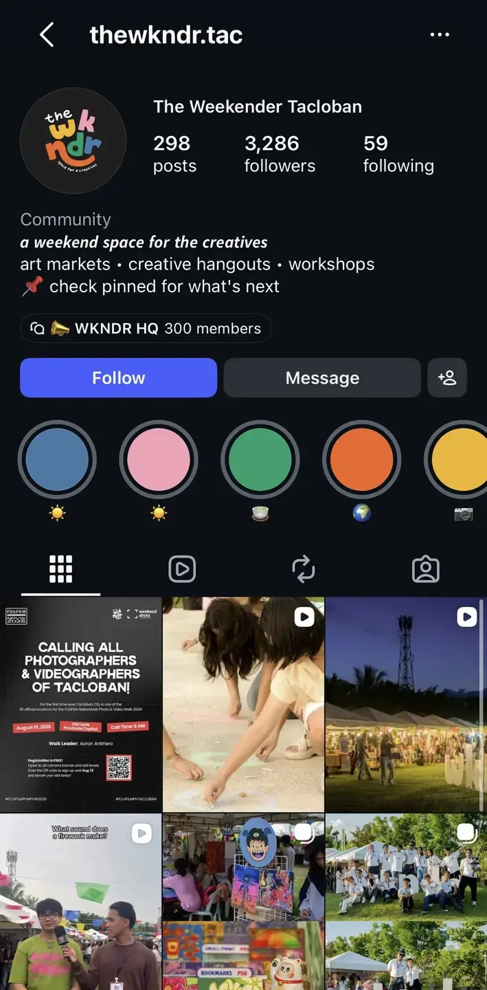 The Weekender Instagram profile showing 3,286 followers and WKNDR HQ with 300 members
