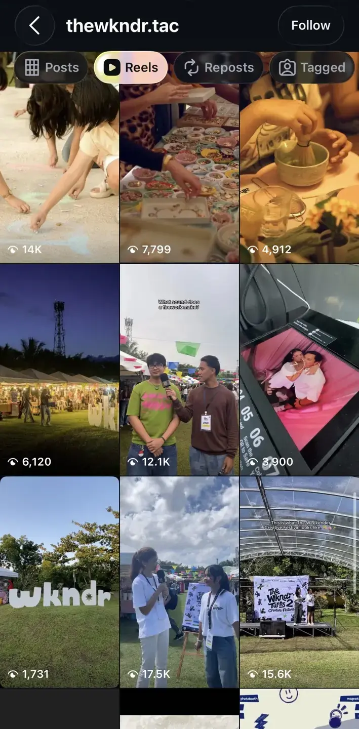 Weekender Reels grid with visible view counts including 17.5K, 15.6K, 14K, and 12.1K
