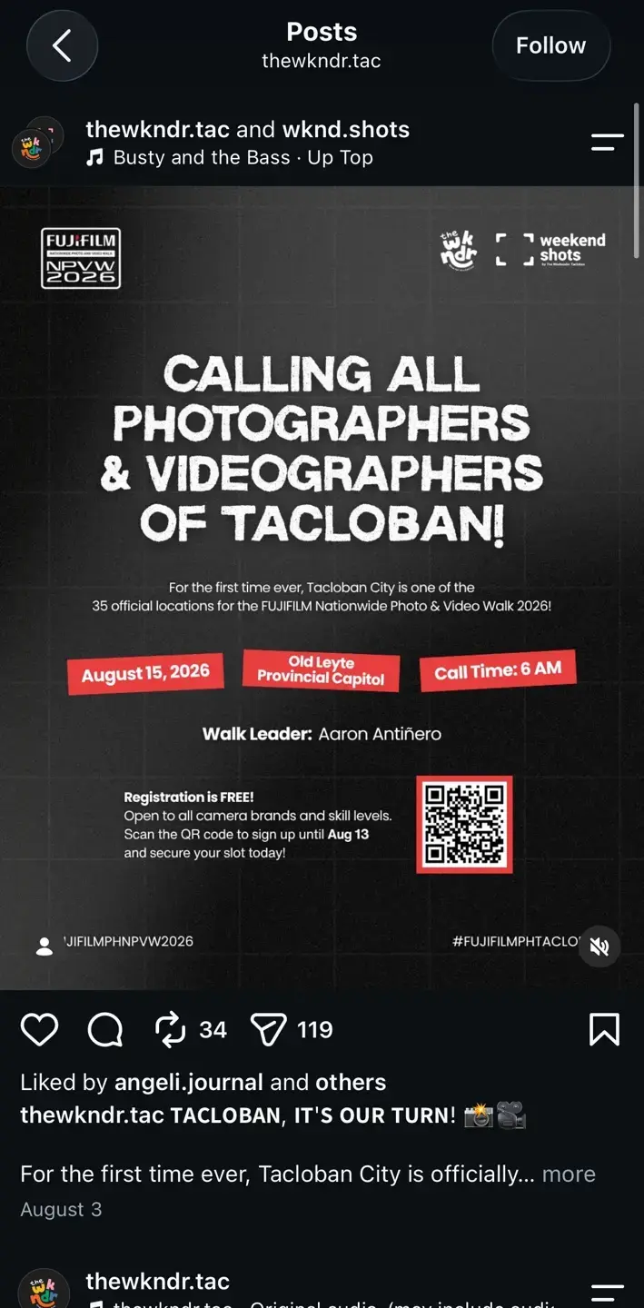 Published photographer and videographer call showing 34 reposts and 119 shares or sends