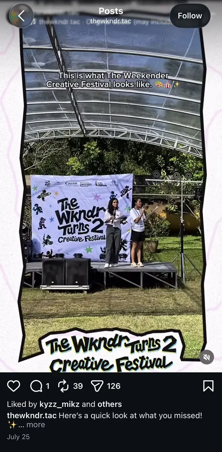 Published festival quick-look Reel showing 1 comment, 39 reposts, and 126 shares or sends