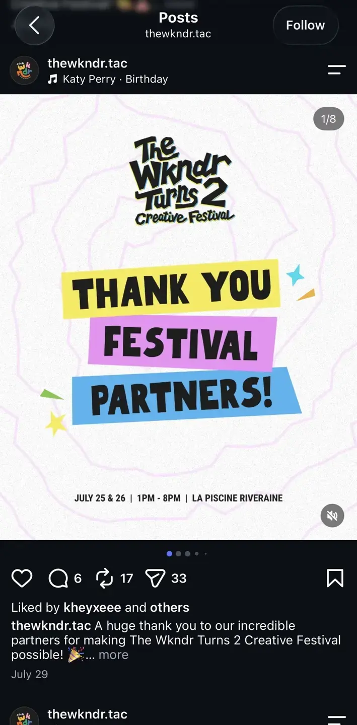 Published festival partner carousel showing 6 comments, 17 reposts, and 33 shares or sends